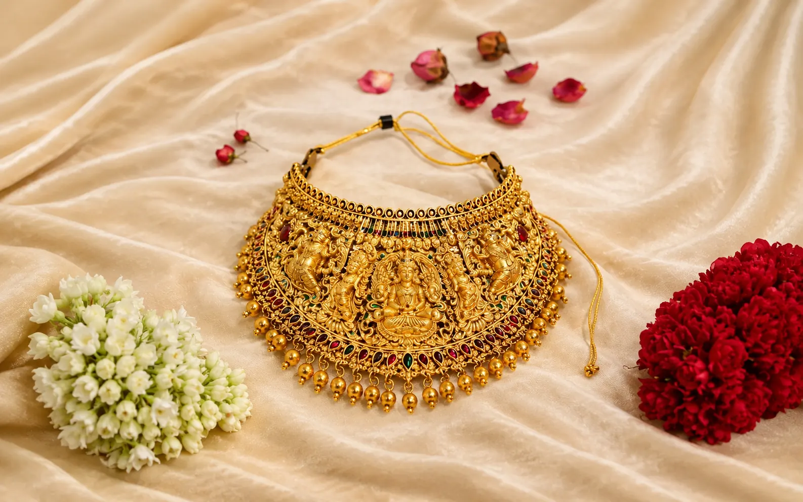 Close-up of a gold temple choker available as a costume accessory rental